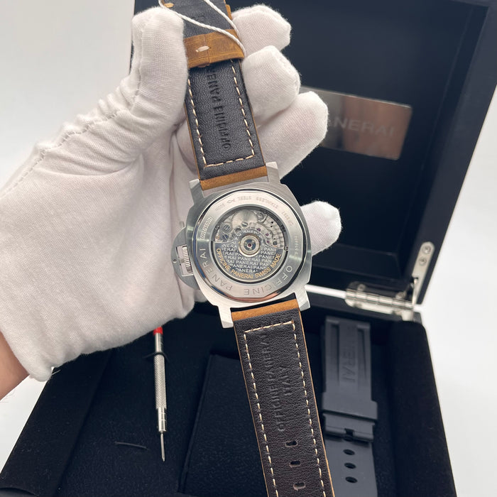 Panerai Luminor GMT watch 44mm stainless steel case and a distinctive brown leather strap