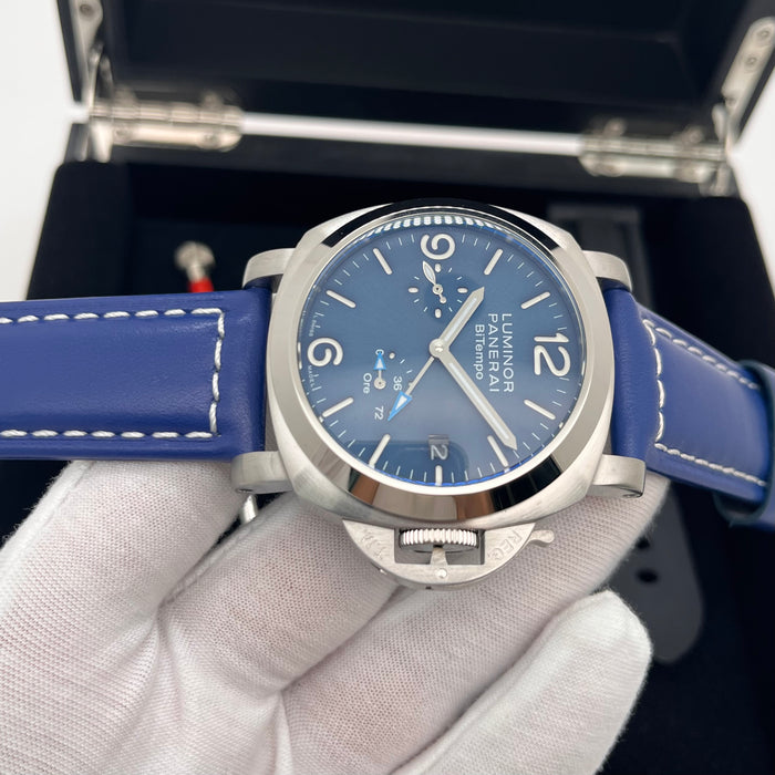 Panerai Luminor BiTempo 44mm stainless steel case and a blue sun-brushed dial