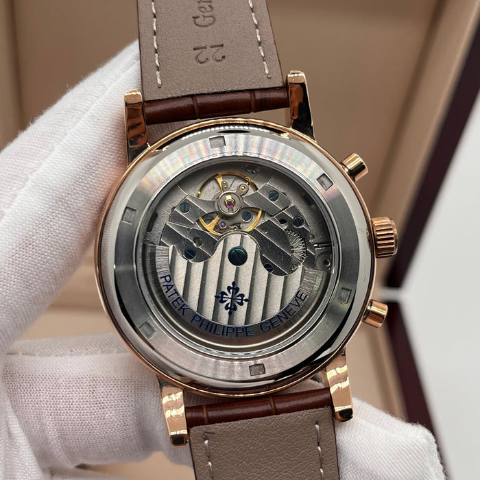 Patek Philippe Open Heart Automatic Silver Case With brown leather Strap