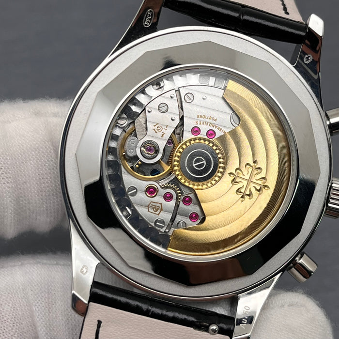 Patek Philippe Annual Calendar Chronograph (ref. 5960P-016) platinum case and a black Swiss Super Clone