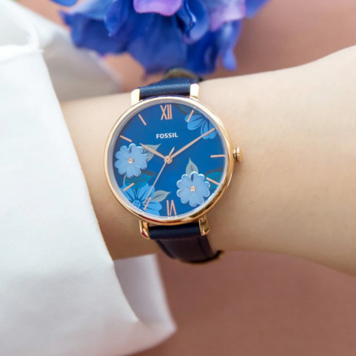 Original Fossil Women Jacqueline Blue Floral Black Leather Watch Authentic