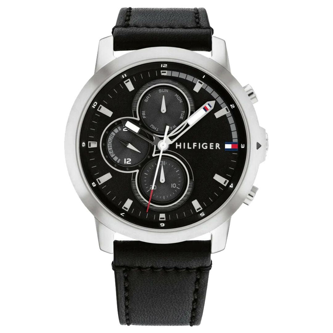 Tommy Hilfiger 46 MM Men's Black Chronograph Leather Strap Watch | 179 ...