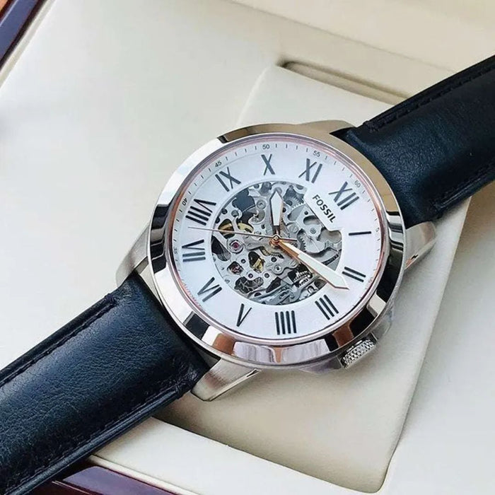Fossil Grant Automatic Silver Skeleton Dial Men's Watch Authentic