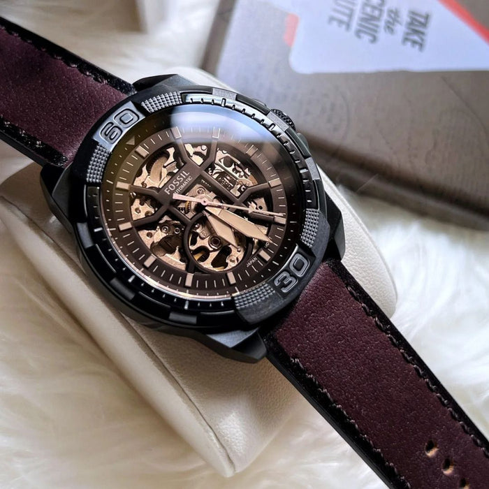 Fossil Bronson Leather Skeleton Dial Automatic Mens Watch Authentic