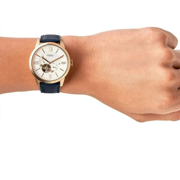 Fossil Townsman Men's Watch, Auto Chronograph, Rose Gold-Tone, Blue Leather Band Authentic