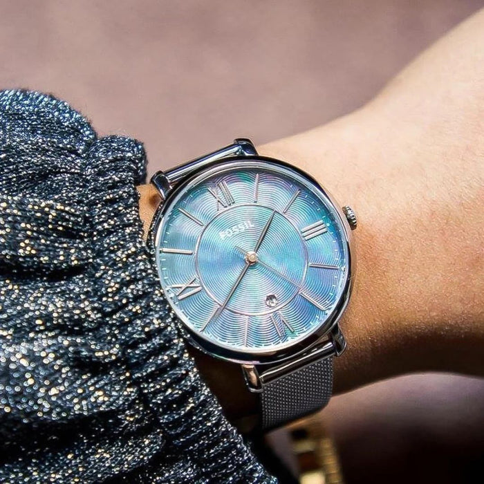 Fossil Jacqueline Blue Mother of Pearl Dial Ladies Mesh Watch Authentic