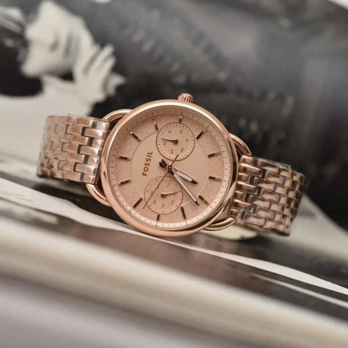 FOSSIL TAILOR MULTIFUNCTION ANALOG QUARTZ ROSE GOLD STAINLESS STEELES Authentic