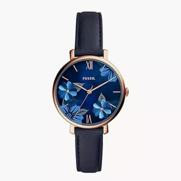 Original Fossil Women Jacqueline Blue Floral Black Leather Watch Authentic