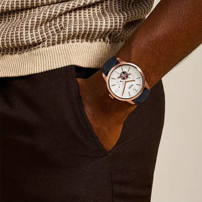 Fossil Townsman Men's Watch, Auto Chronograph, Rose Gold-Tone, Blue Leather Band Authentic