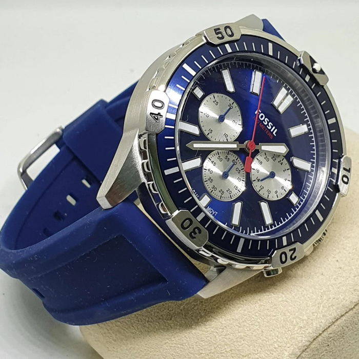 Fossil Garrett Chronograph Blue Dial Blue Rubber Strap Watch for Men Authentic