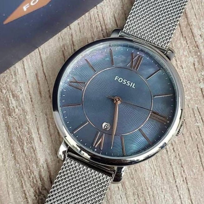 Fossil Jacqueline Blue Mother of Pearl Dial Ladies Mesh Watch Authentic