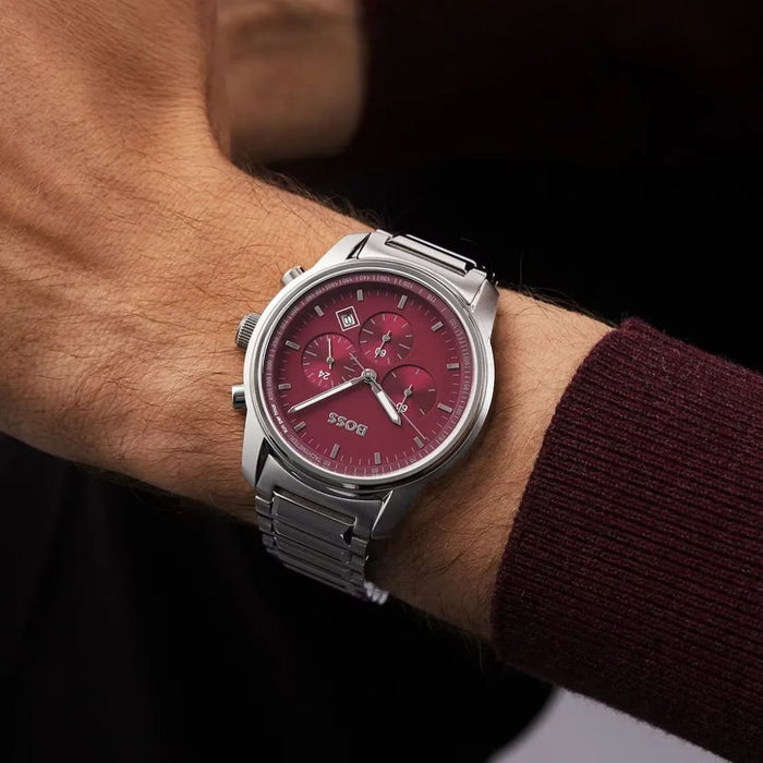Hugo Boss Trace Chronograph Burgundy Dial Men's Watch 1514004 Authentic