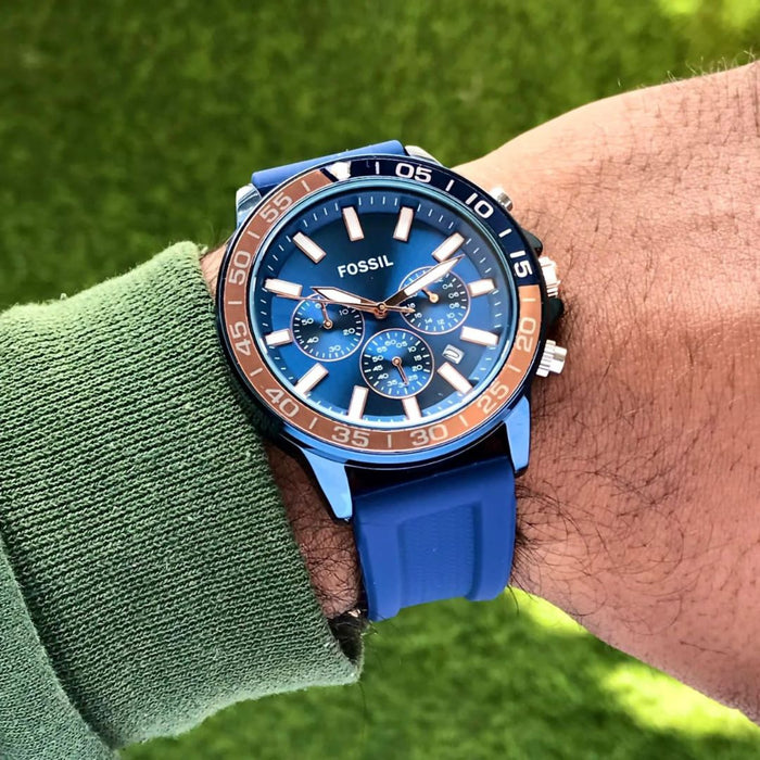 Fossil Men's Quartz Silicone Strap Blue Dial 45mm Watch Authentic