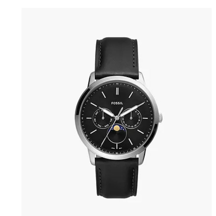 Fossil Neutra Minimalist Moonphase Black Dial Black Leather Strap Watch for Men Authentic