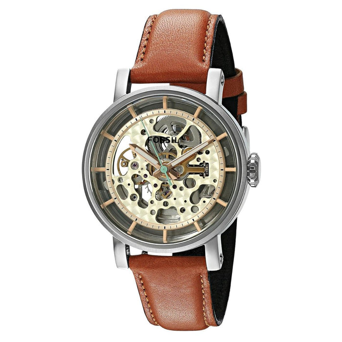 Fossil Boyfriend Automatic Skeleton Silver Dial Brown Leather Strap Watch Authentic