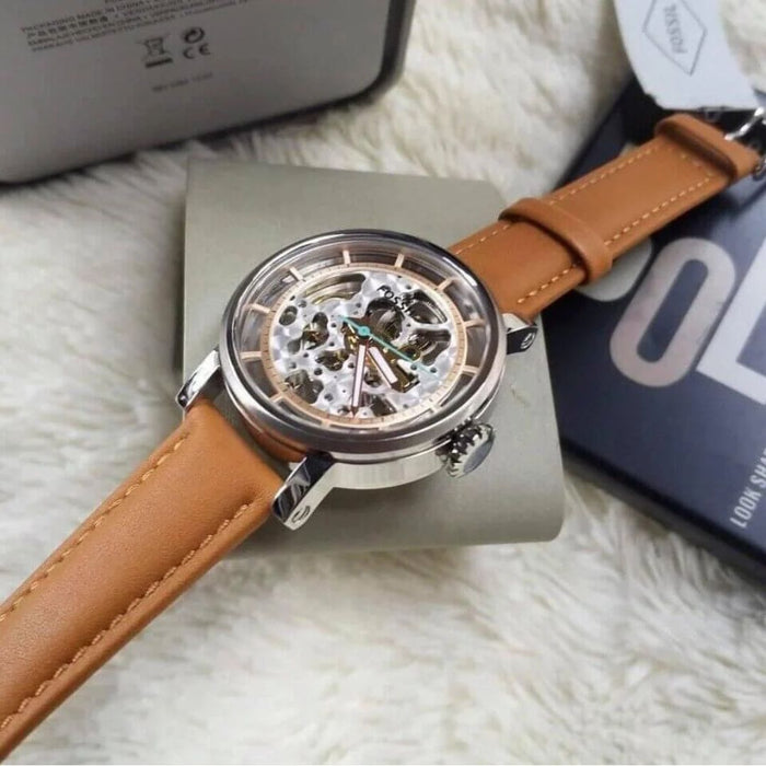 Fossil Boyfriend Automatic Skeleton Silver Dial Brown Leather Strap Watch Authentic