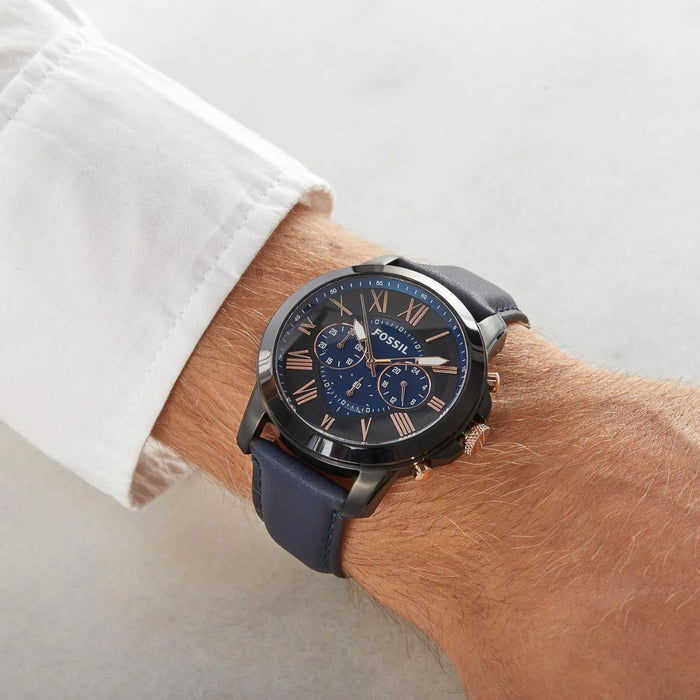 Fossil Grant Blue Dial Blue Leather Strap Chronograph Men's watch Authentic