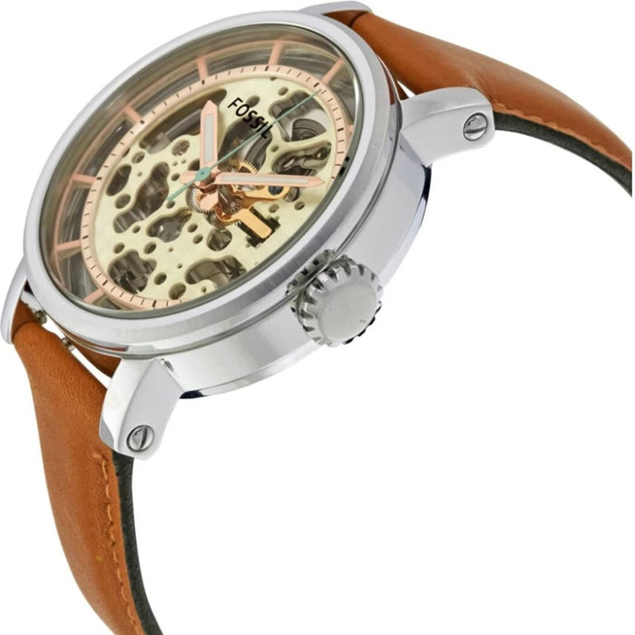 Fossil Boyfriend Automatic Skeleton Silver Dial Brown Leather Strap Watch Authentic