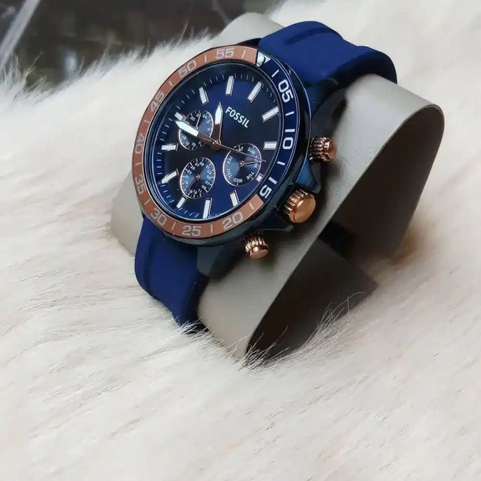 Fossil Men's Quartz Silicone Strap Blue Dial 45mm Watch Authentic