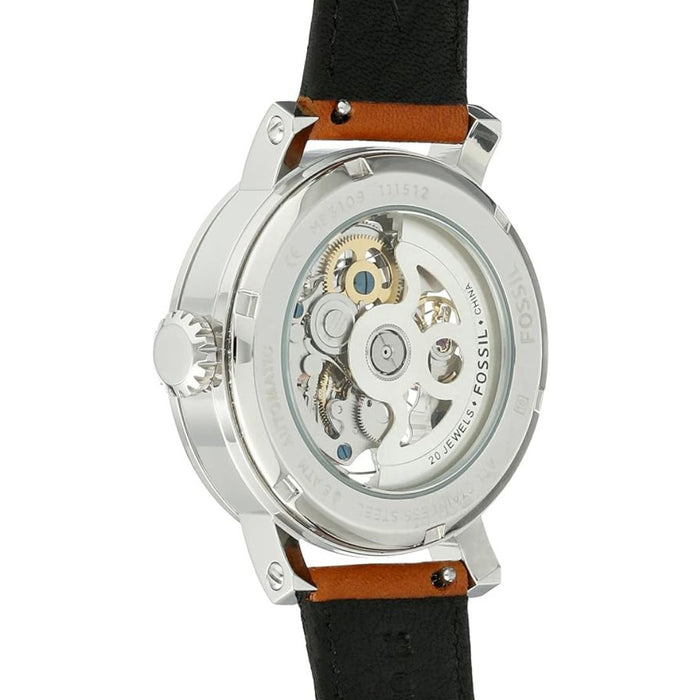 Fossil Boyfriend Automatic Skeleton Silver Dial Brown Leather Strap Watch Authentic