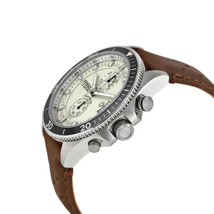 Fossil Wakefield Chronograph Eggshell Dial Brown Leather Men’s Watch Authentic