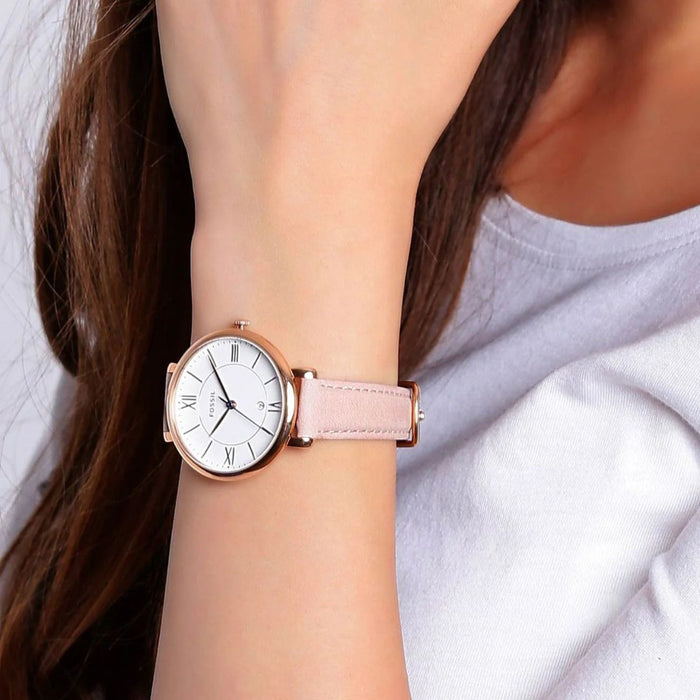 Fossil Women's Quartz Pink Leather Strap White Dial 36mm Watch Authentic
