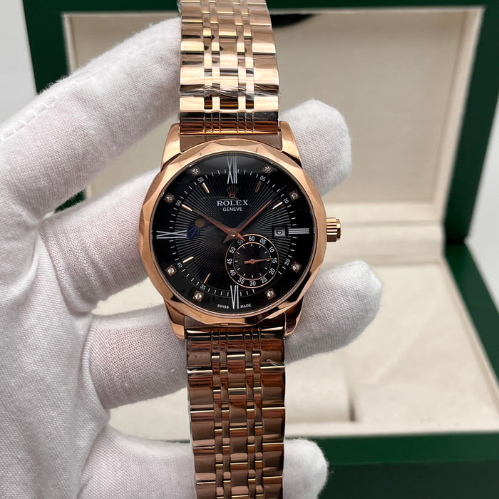 Rolex Cellini automatic watch rose gold case and a black dial with diamond