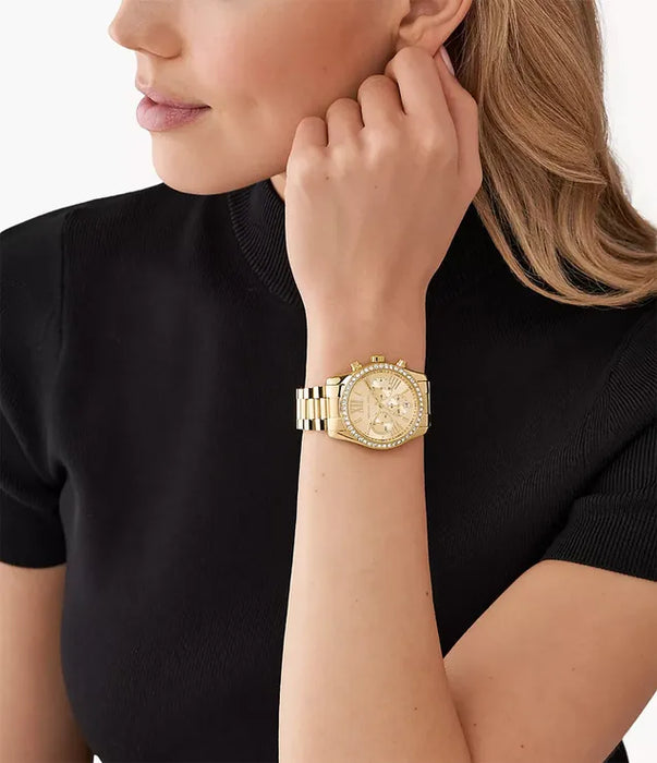 Michael Kors Lexington MK7377 Chronograph Ladies Champagne Dial Gold Stainless Steel Strap Authentic