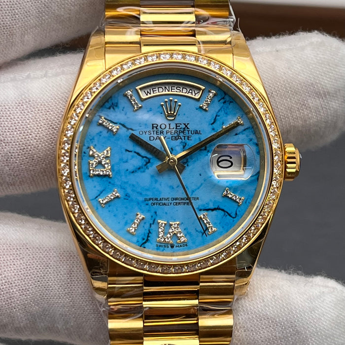 Rolex Day-Date 36MM Yellow Gold Turquoise Dial Diamond Bezel President Bracelet