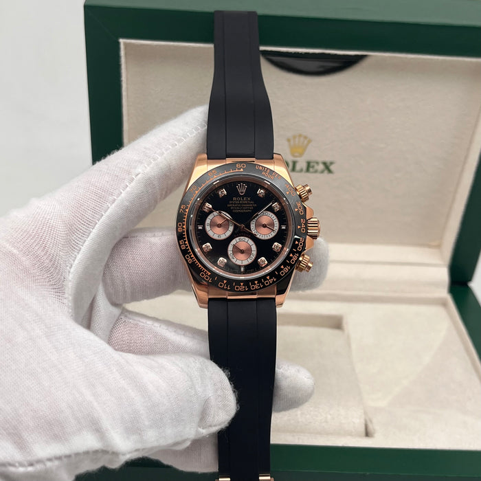 Rolex Daytona Leather  Watch Band Rubber Black RoseGold Dial 40mm (5A+)