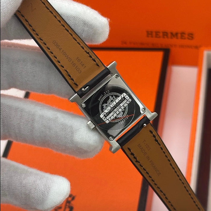 H Silver Black Dial With Black Leather Strap Watch
