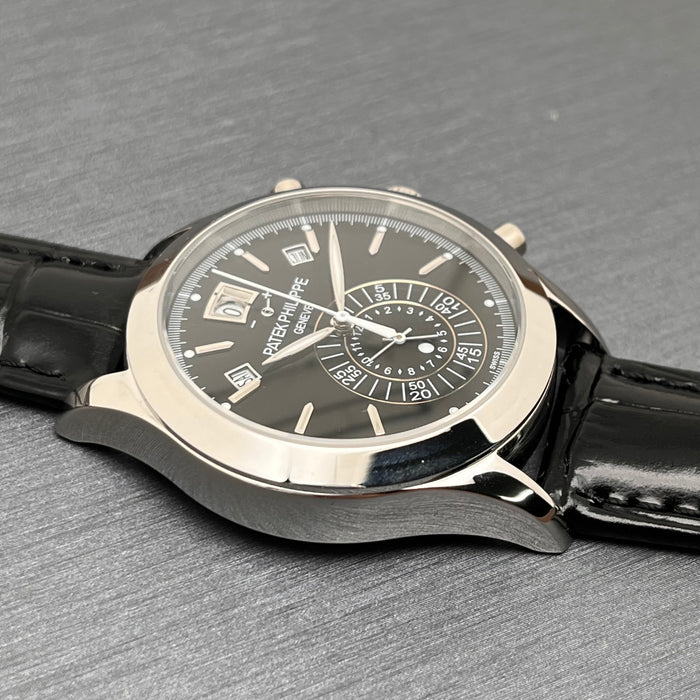 Patek Philippe Annual Calendar Chronograph (ref. 5960P-016) platinum case and a black Swiss Super Clone
