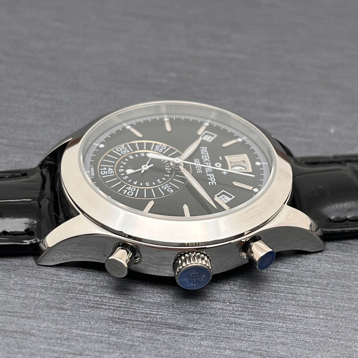 Patek Philippe Annual Calendar Chronograph (ref. 5960P-016) platinum case and a black Swiss Super Clone