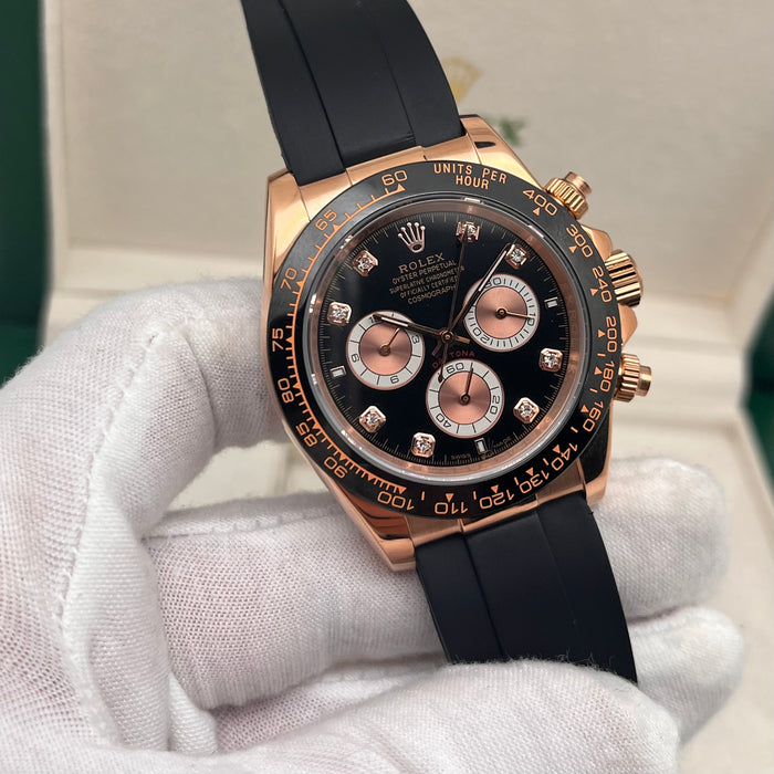 Rolex Daytona Leather  Watch Band Rubber Black RoseGold Dial 40mm (5A+)
