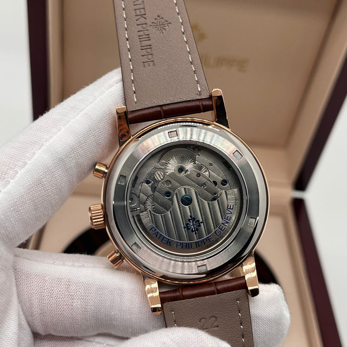 Patek Philippe Open Heart Automatic Silver Case With brown leather Strap