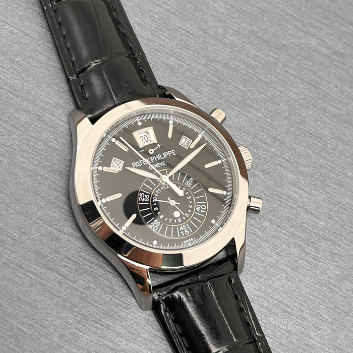 Patek Philippe Annual Calendar Chronograph (ref. 5960P-016) platinum case and a black Swiss Super Clone