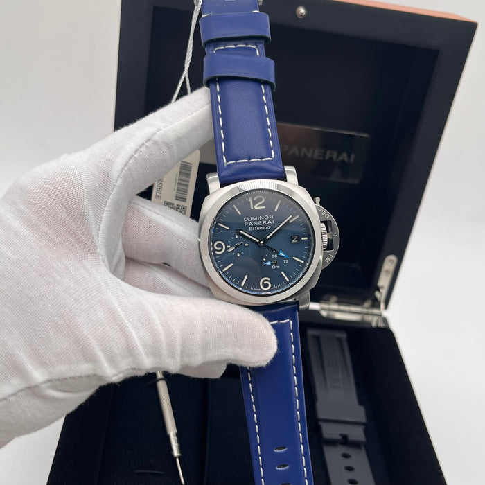 Panerai Luminor BiTempo 44mm stainless steel case and a blue sun-brushed dial