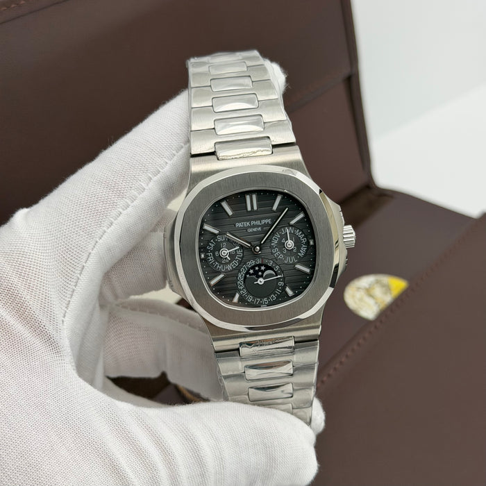 Patek Philippe Nautilus annual calendar dark ribbed dial and integrated moon phase sub-dial Swiss Super Clone