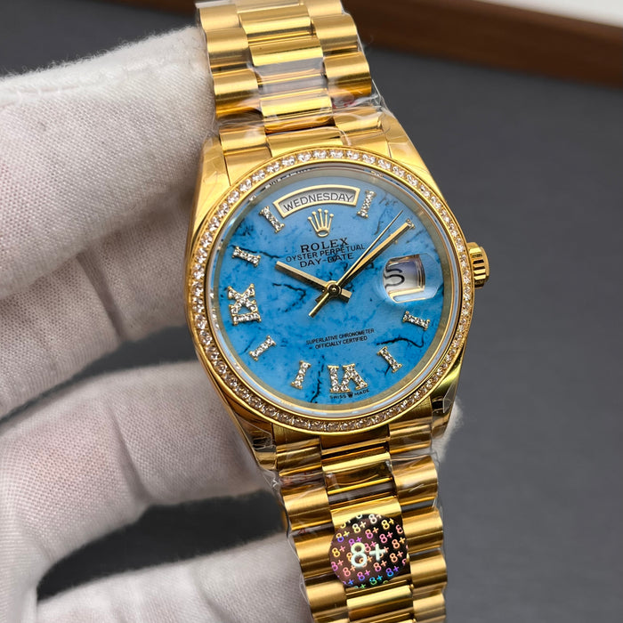 Rolex Day-Date 36MM Yellow Gold Turquoise Dial Diamond Bezel President Bracelet