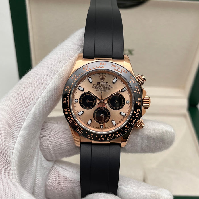 Rolex Daytona Leather  Watch Band Rubber RoseGold Dial 40mm (5A+)