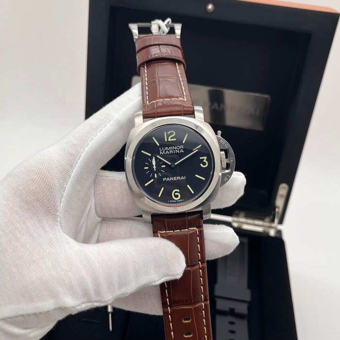 Panerai Luminor Marina Titanium watch 44mm brushed titanium case and a brown leather strap