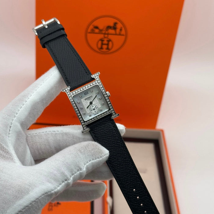 Chrono H Gold Diamond Dial With Black Leather Strap Watch
