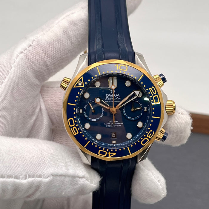 Omega Seamaster Diver 300M 44mm Chronograph in two-tone steel and yellow gold on a blue rubber strap Swiss Super Clone