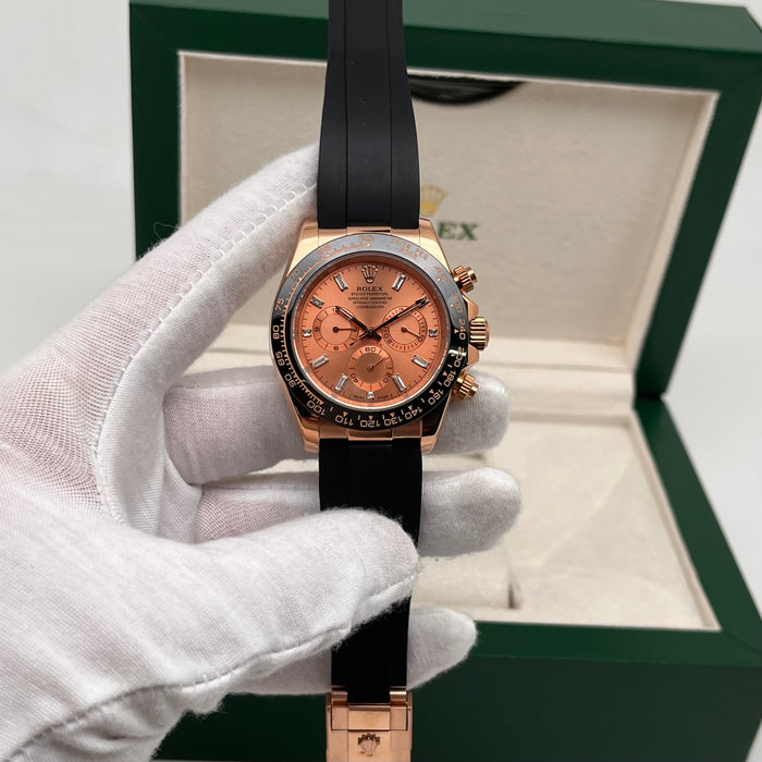 Rolex Daytona Leather  Watch Band Rubber RoseGold Dial 40mm (5A+)