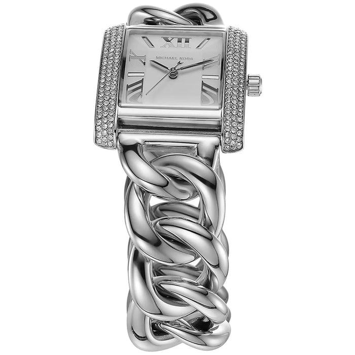Michael Kors For Women Mini Emery Pavé Silver-Tone Curb Link Watch MK7438 Authentic