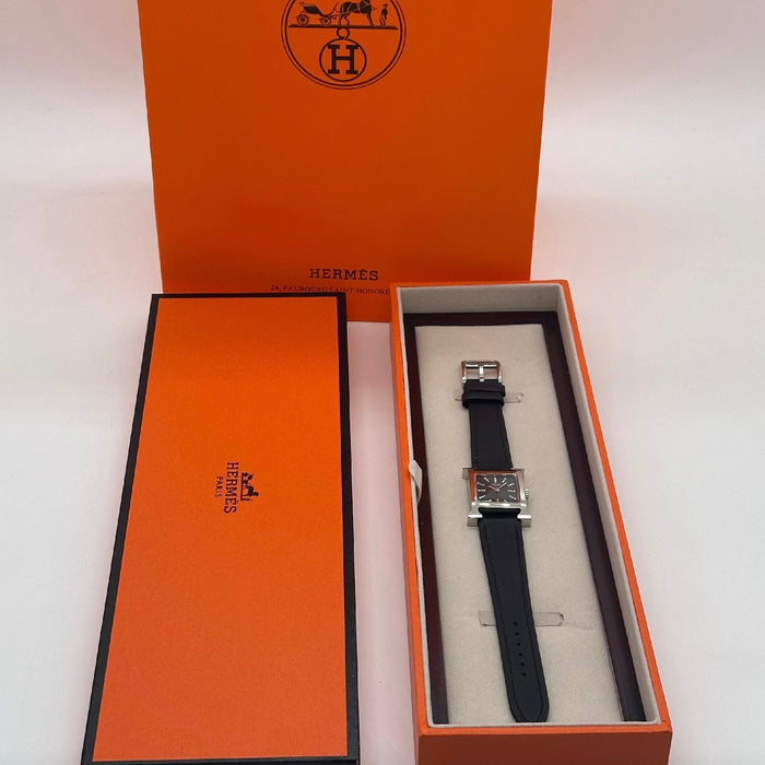 H Silver Black Dial With Black Leather Strap Watch