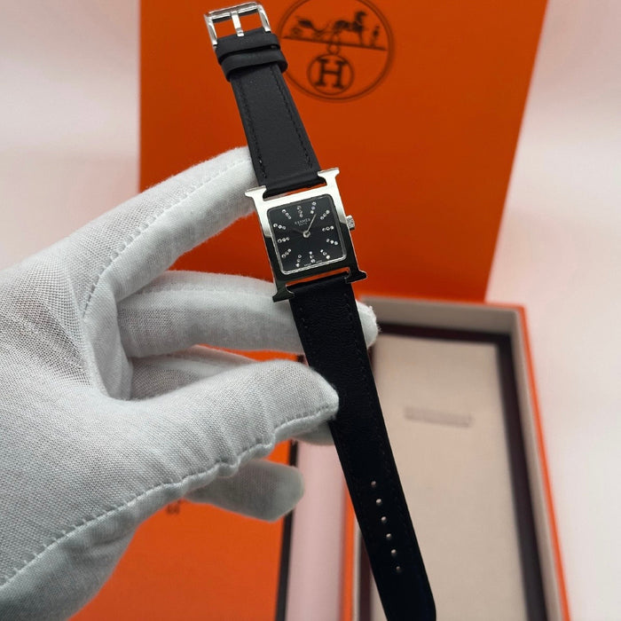 H Silver Black Dial With Black Leather Strap Watch