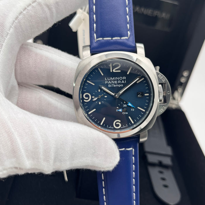 Panerai Luminor BiTempo 44mm stainless steel case and a blue sun-brushed dial