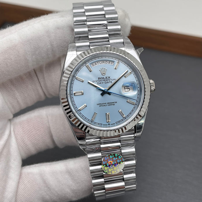 Rolex Day-Date 40 Platinum Ice-Blue Baguette Diamond Dial Swiss Super Clone