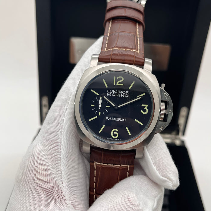 Panerai Luminor Marina Titanium watch 44mm brushed titanium case and a brown leather strap